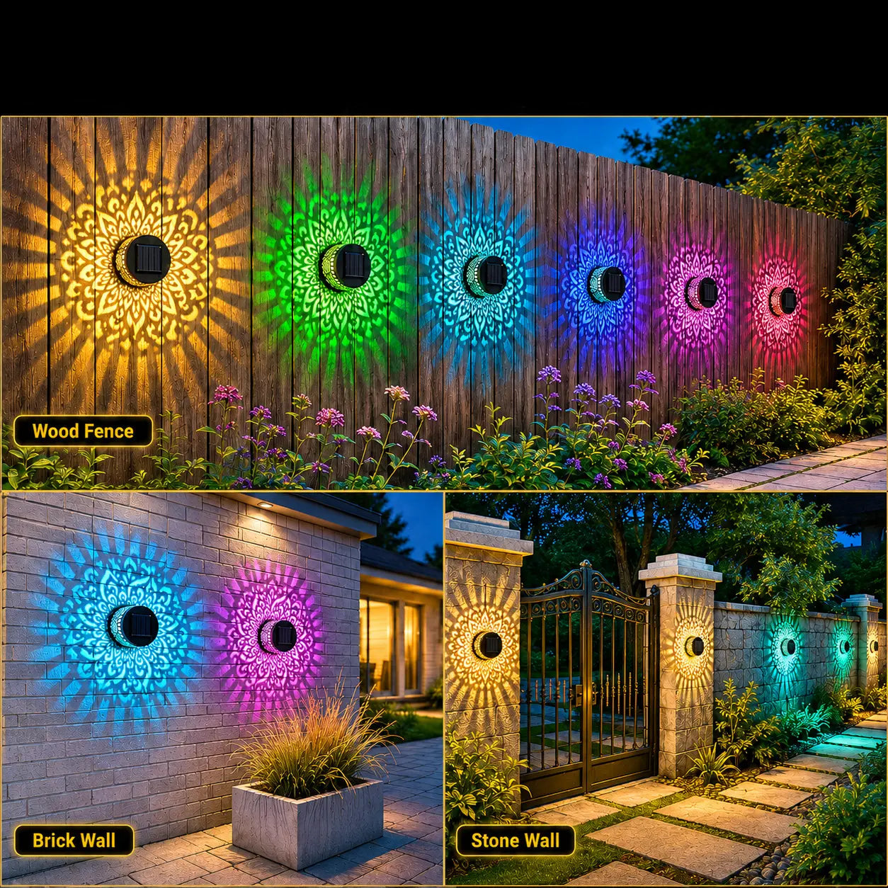 Solar Mandala Wall Lights Outdoor, 7 Color Changing Waterproof Solar Fence Lights for Garden Patio Yard Backyard Decor