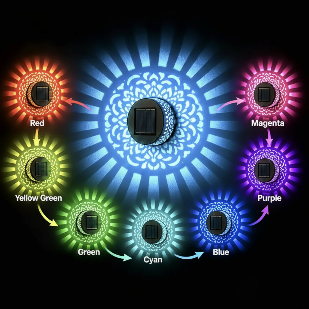 Solar Mandala Wall Lights Outdoor, 7 Color Changing Waterproof Solar Fence Lights for Garden Patio Yard Backyard Decor
